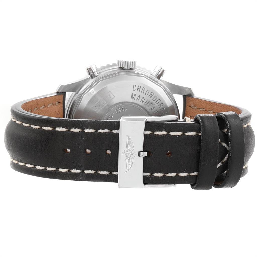 The image shows the back of a Breitling Navitimer A41322 Men
s Stainless Steel Black Dial A41322 Men
s Stainless Steel Black Dial watch with its leather strap and clasp.