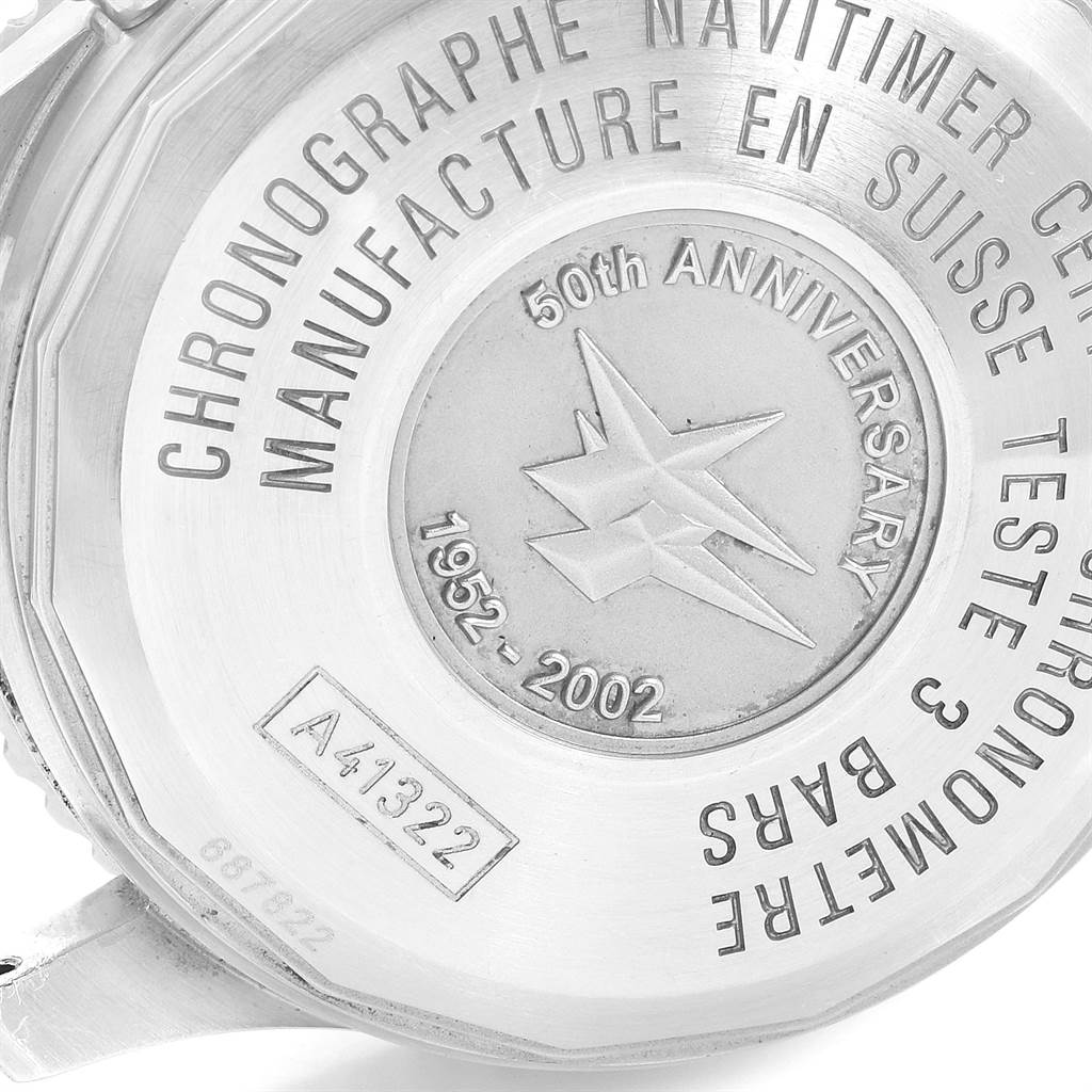 The image shows the back case of the Breitling Navitimer A41322 Men
s Stainless Steel Black Dial A41322 Men
s Stainless Steel Black Dial watch, highlighting its 50th Anniversary engraving and model number.