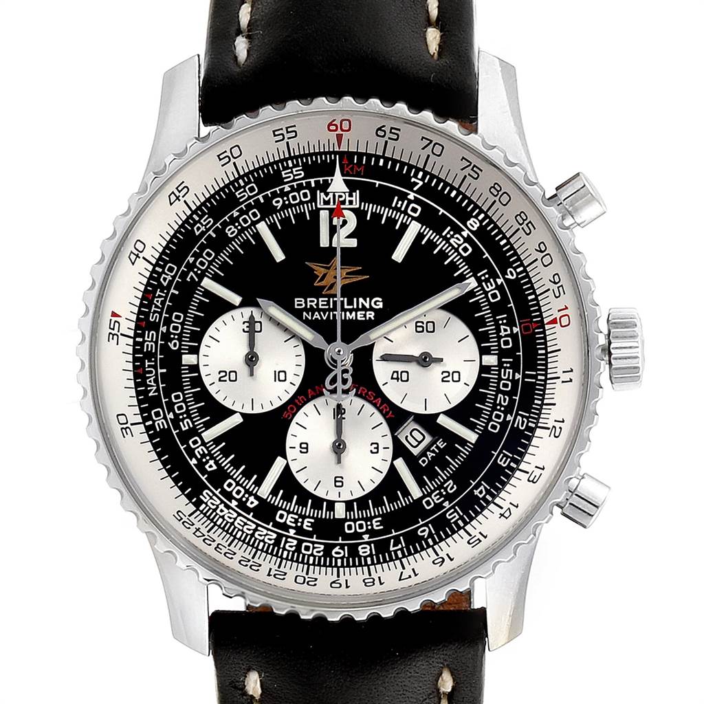 The Breitling Navitimer A41322 Men
s Stainless Steel Black Dial A41322 Men
s Stainless Steel Black Dial watch is shown from a front view, displaying the dial, bezel, and sub-dials with a leather strap.