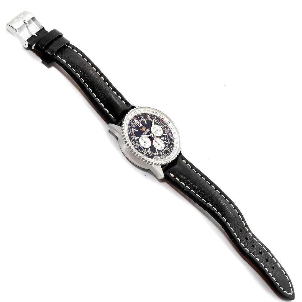 This image shows a top-down view of a Breitling Navitimer A41322 Men
s Stainless Steel Black Dial A41322 Men
s Stainless Steel Black Dial watch, featuring its dial and black leather strap with white stitching.