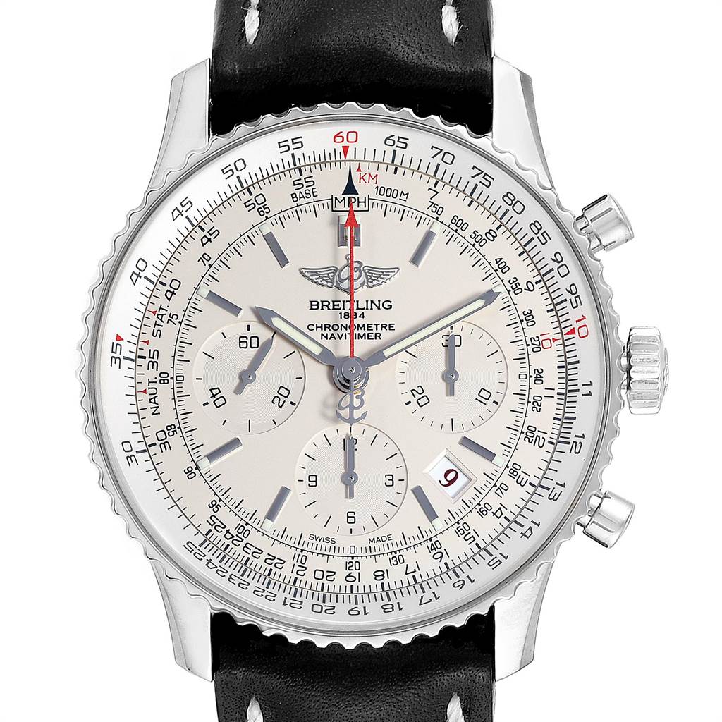 The image shows a front view of the Breitling Navitimer AB0123 Men's Stainless Steel Silver Dial AB0123 Men's Stainless Steel Silver Dial watch, featuring its dial, chronograph subdials, bezel, and crown.