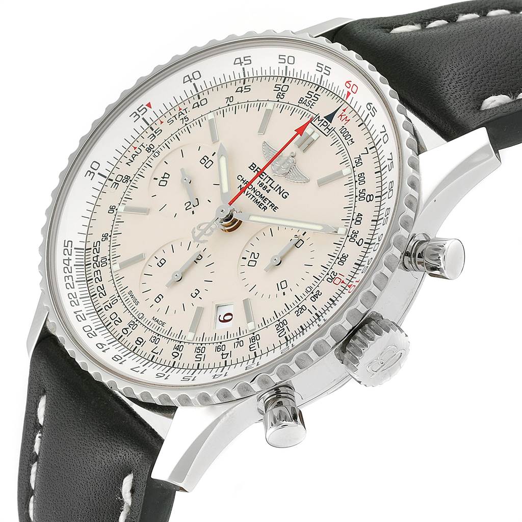 The image shows the dial and side view of the Breitling Navitimer AB0123 Men's Stainless Steel Silver Dial AB0123 Men's Stainless Steel Silver Dial watch, highlighting the case, crown, buttons, and strap.