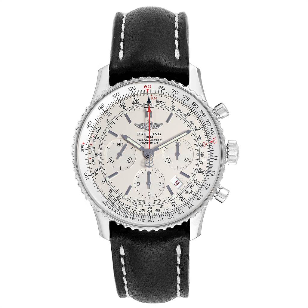 The image shows a front view of the Breitling Navitimer AB0123 Men's Stainless Steel Silver Dial AB0123 Men's Stainless Steel Silver Dial watch with a black leather strap and multiple dials on the face.