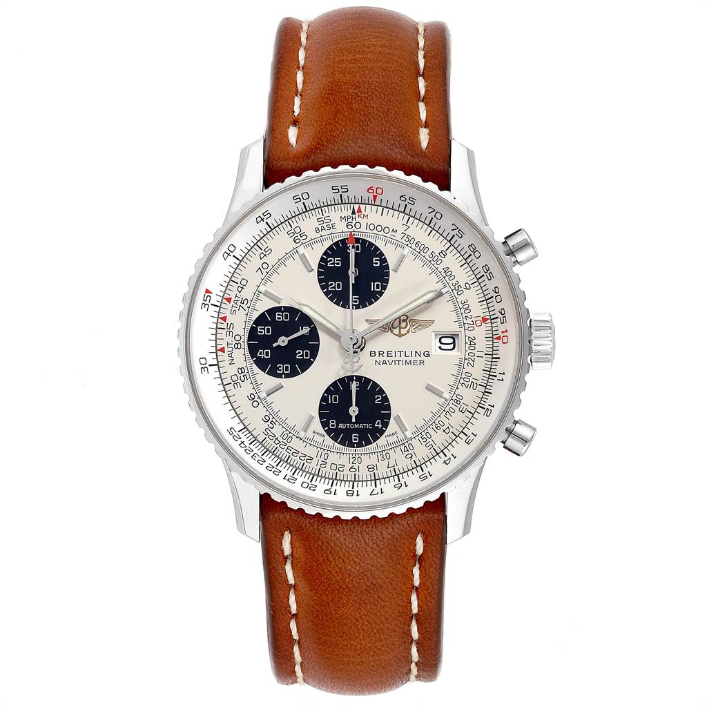 This image shows a Breitling Navitimer A13324 Men's Stainless Steel Silver Dial A13324 Men's Stainless Steel Silver Dial watch from a top-down angle, displaying its face, brown leather strap, and side buttons.