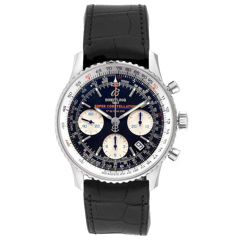 The image shows a front view of the Breitling Navitimer A23322 Men's Stainless Steel Black Dial A23322 Men's Stainless Steel Black Dial watch, featuring its dial, subdials, bezel, case, and leather strap.