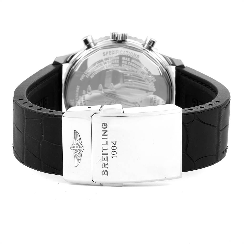 The image shows the back view of a Breitling Navitimer A23322 Men's Stainless Steel Black Dial A23322 Men's Stainless Steel Black Dial watch, highlighting its clasp and strap.