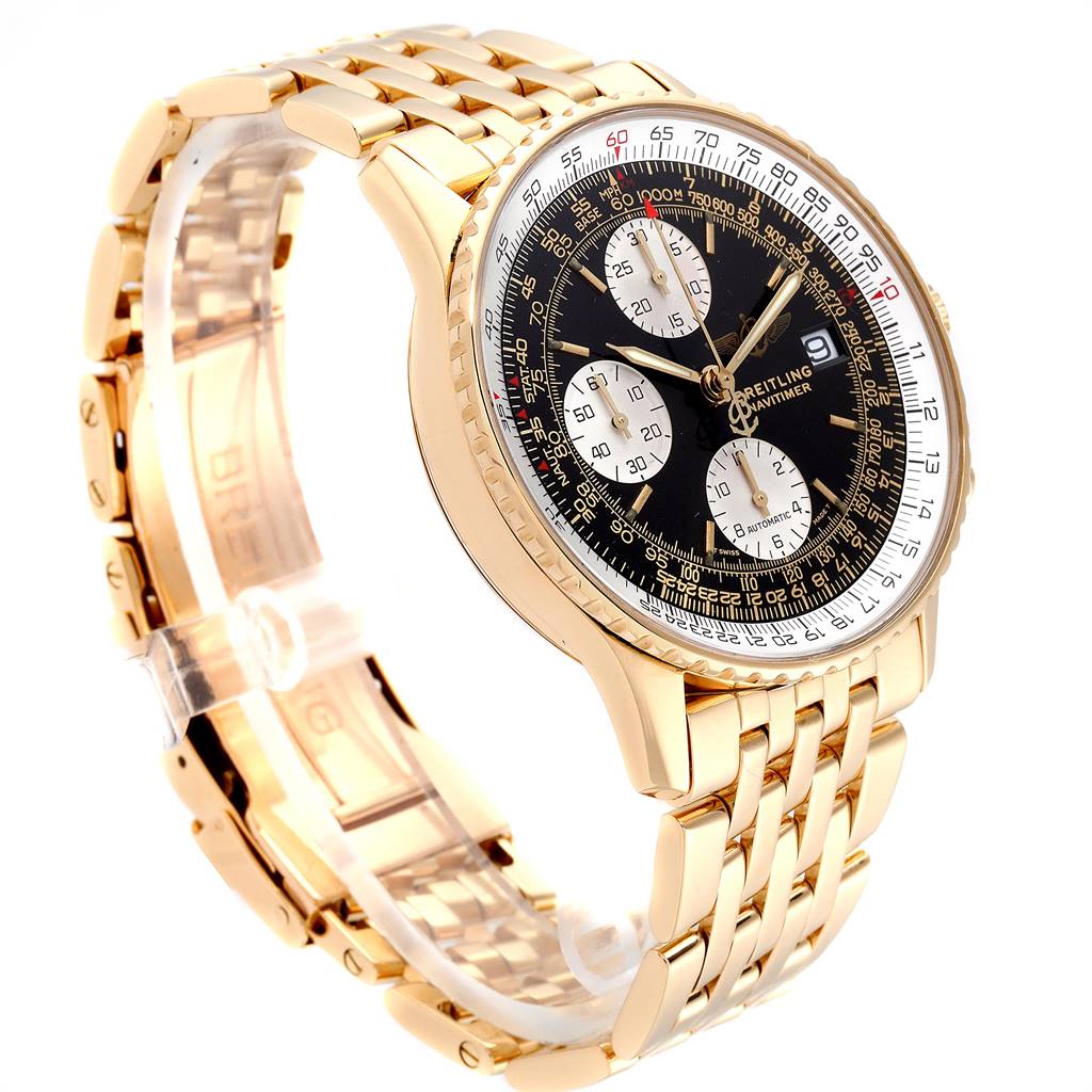 This Breitling Navitimer K13022 Men's Yellow Gold Black Dial K13022 Men's Yellow Gold Black Dial watch is shown from a front-side angle, highlighting its gold-tone case, bracelet, and detailed dial.