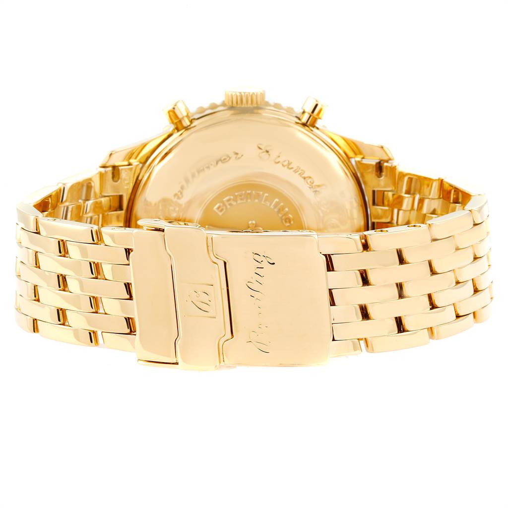 This image shows the backside and clasp of the Breitling Navitimer K13022 Men's Yellow Gold Black Dial K13022 Men's Yellow Gold Black Dial watch in a gold finish.