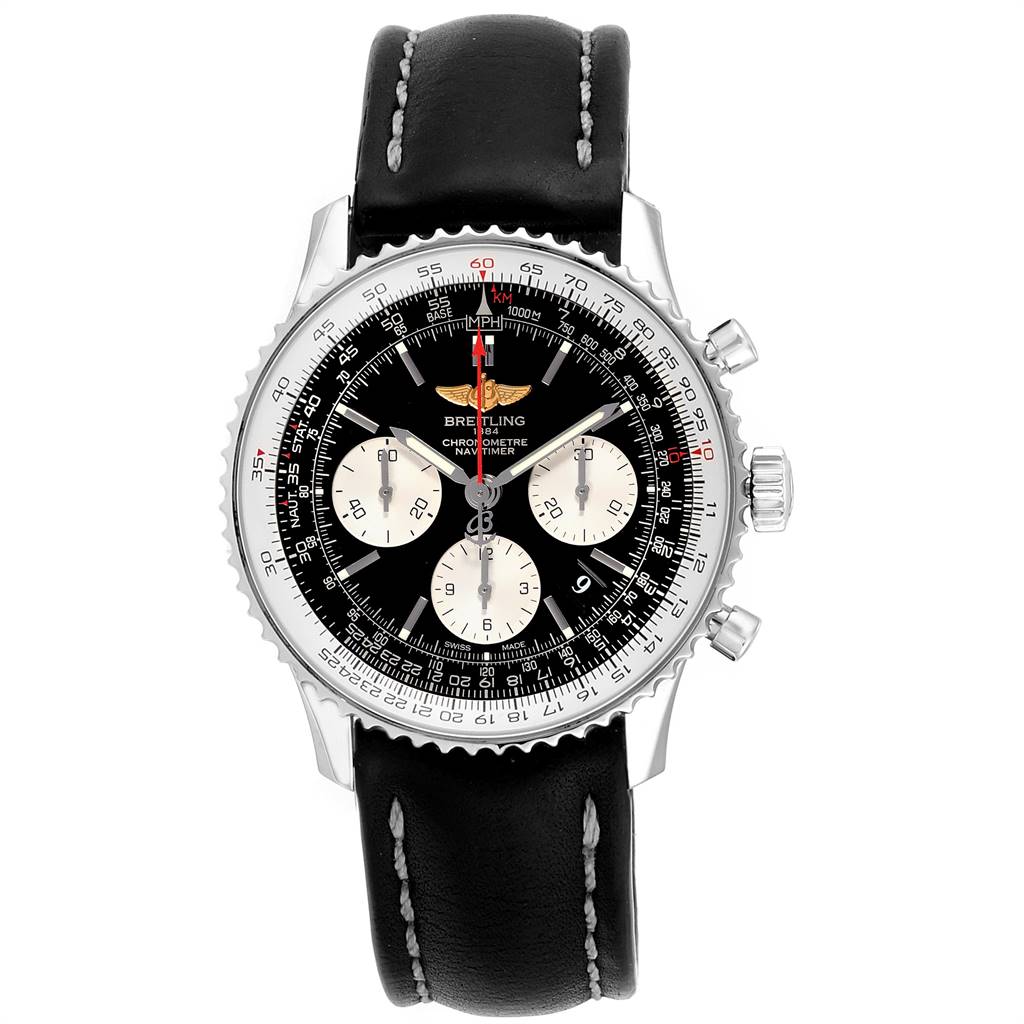 This is a front view of a Breitling Navitimer AB0120 Men's Stainless Steel Black Dial AB0120 Men's Stainless Steel Black Dial watch showcasing the face, bezel, case, and strap.
