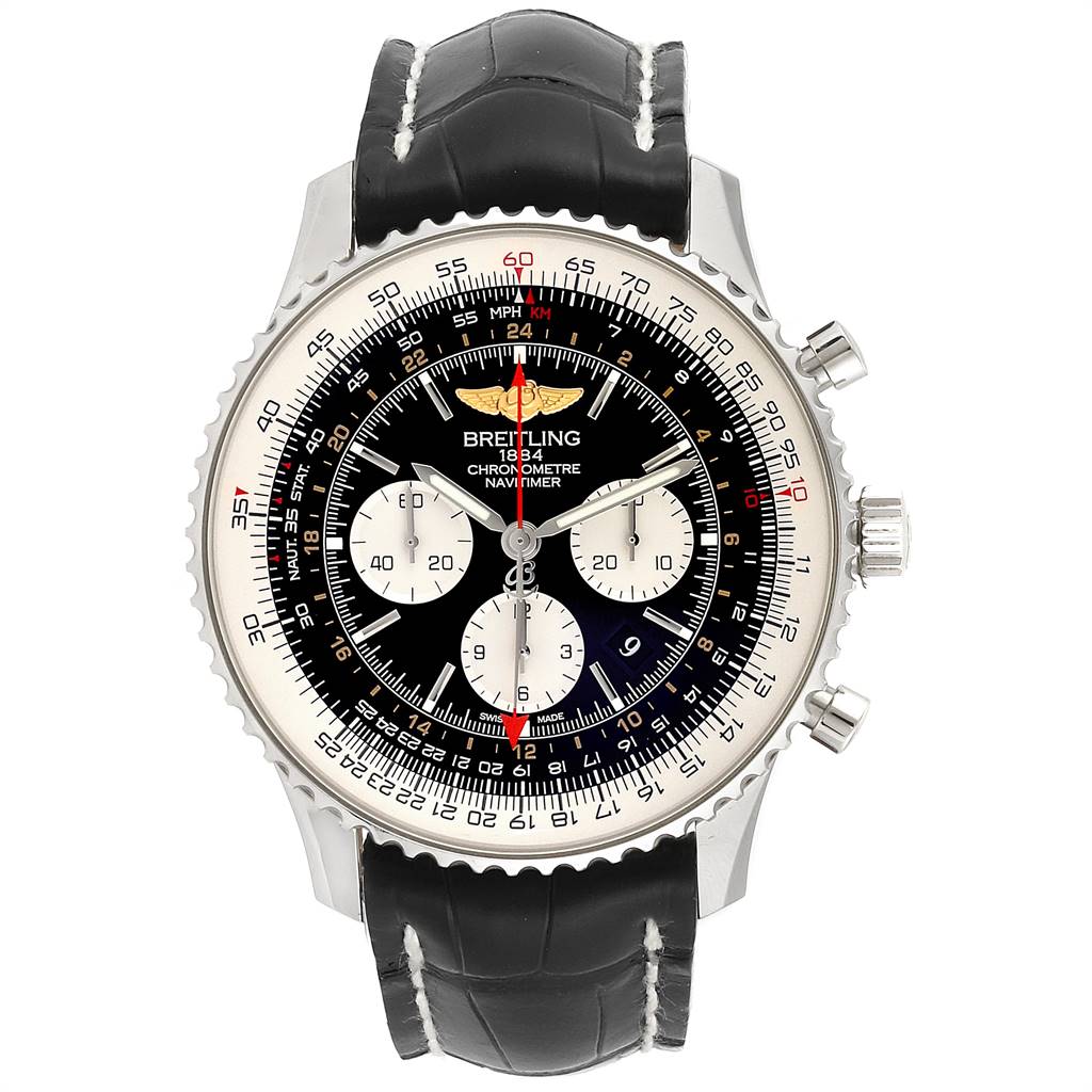 The image shows a frontal view of a Breitling Navitimer AB044121-BD24-442X-A20D.1 Men's Stainless Steel Black Dial AB044121-BD24-442X-A20D.1 Men's Stainless Steel Black Dial watch, displaying the dial, bezel, and leather strap.