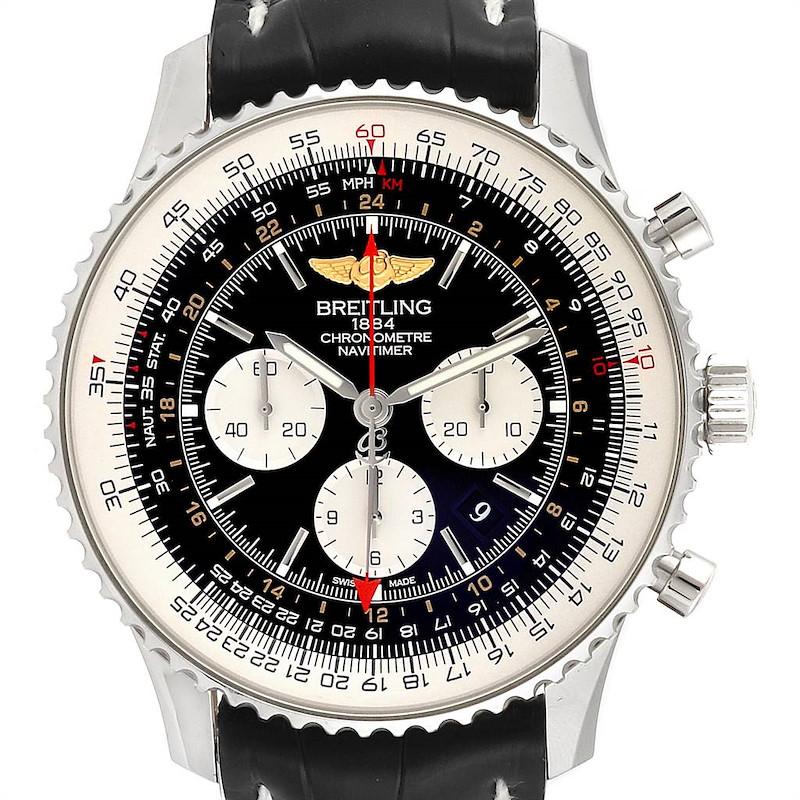 Breitling Navitimer GMT 48 Black Dial Leather Strap Mens Watch AB0441 SwissWatchExpo