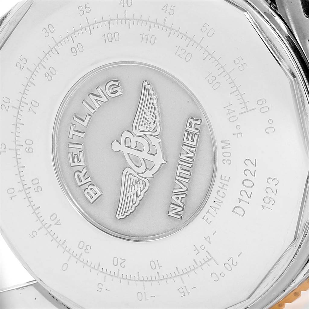 This image shows the back of the Breitling Navitimer D12022 Men's Stainless Steel Blue Dial D12022 Men's Stainless Steel Blue Dial watch, highlighting its branding and model details.