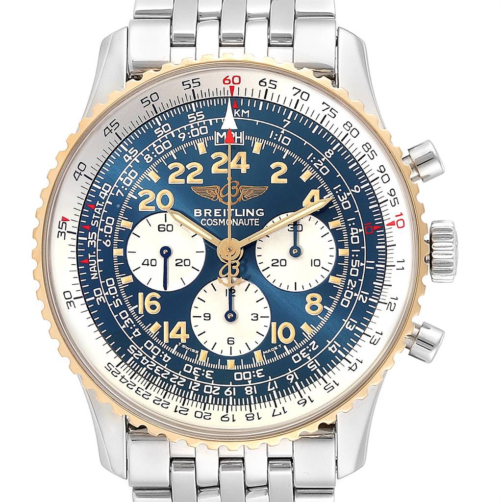The image shows a front view of a Breitling Navitimer D12022 Men's Stainless Steel Blue Dial D12022 Men's Stainless Steel Blue Dial watch, highlighting its dial, bezel, and bracelet.