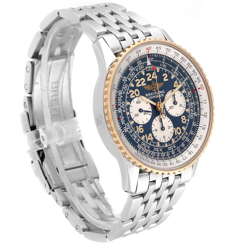 This Breitling Navitimer D12022 Men's Stainless Steel Blue Dial D12022 Men's Stainless Steel Blue Dial watch is shown at an angle highlighting its face, bezel, chronograph features, and metal link bracelet.