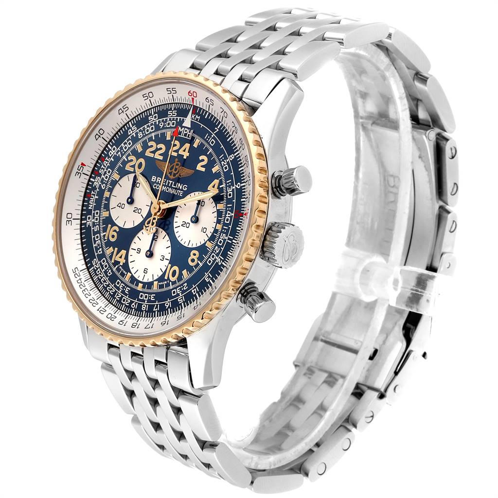 The image shows a Breitling Navitimer D12022 Men's Stainless Steel Blue Dial D12022 Men's Stainless Steel Blue Dial watch from a three-quarter angle, highlighting the face, bezel, crown, and bracelet.