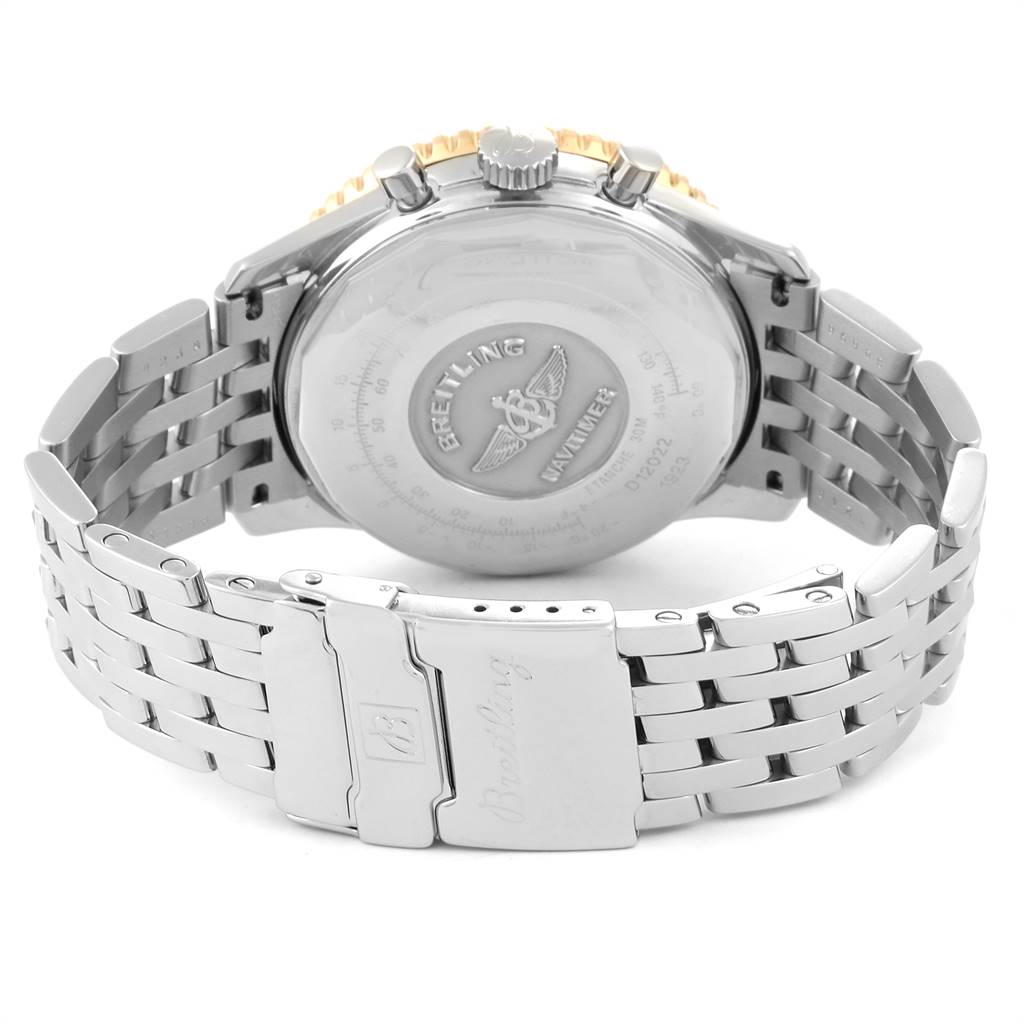 This image shows the back case and stainless steel bracelet of a Breitling Navitimer D12022 Men's Stainless Steel Blue Dial D12022 Men's Stainless Steel Blue Dial watch.