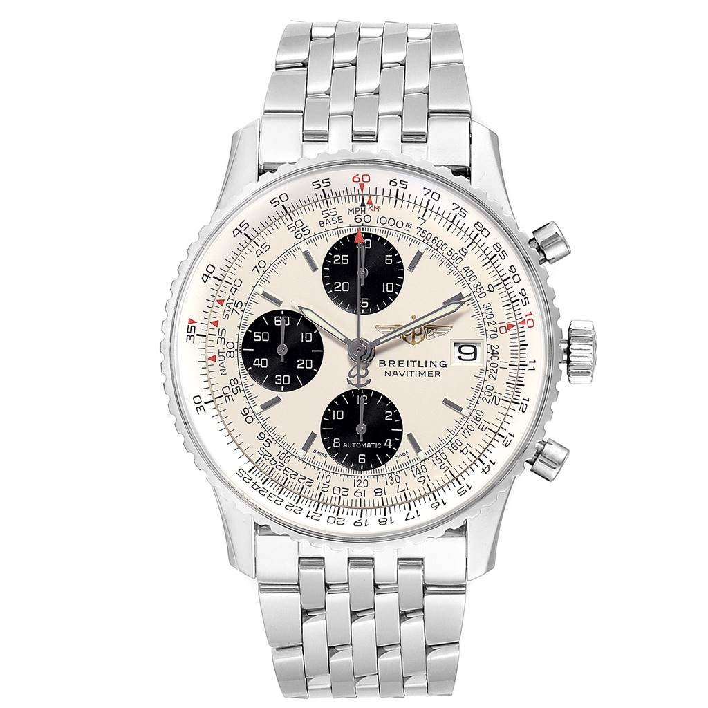 The image shows a front view of the Breitling Navitimer A13324 Men's Stainless Steel Silver Dial A13324 Men's Stainless Steel Silver Dial watch, displaying its dial, bezel, and metal bracelet.