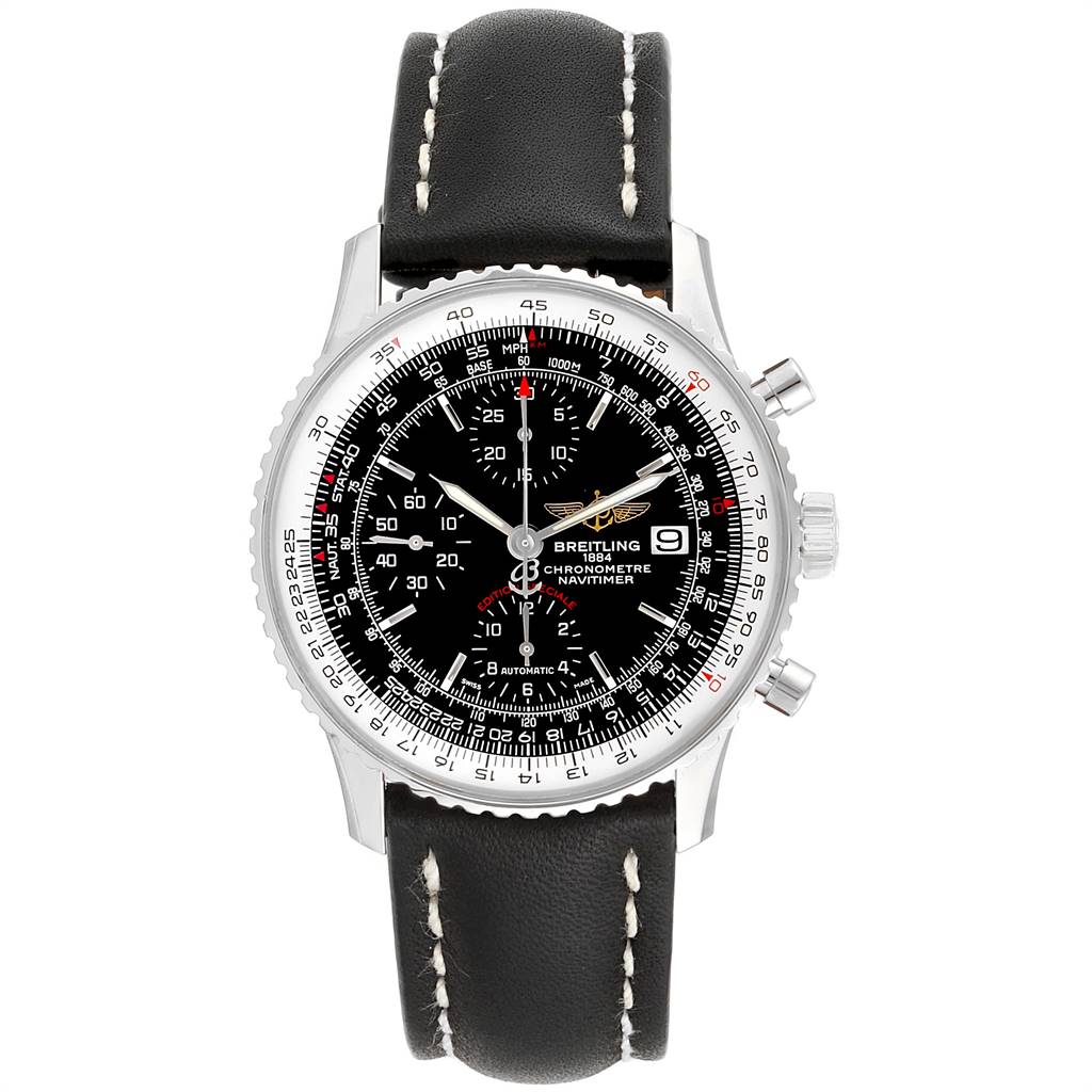 The image shows a front view of a Breitling Navitimer A13324 Men's Stainless Steel Black Dial A13324 Men's Stainless Steel Black Dial watch, displaying its black dial, chronograph subdials, and black leather strap.