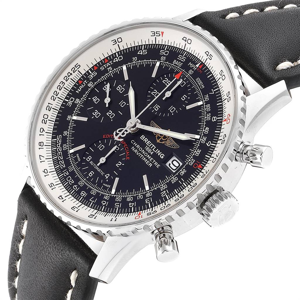 The Breitling Navitimer A13324 Men's Stainless Steel Black Dial A13324 Men's Stainless Steel Black Dial watch is shown at an angled close-up, highlighting the bezel, dial, crown, and pushers.