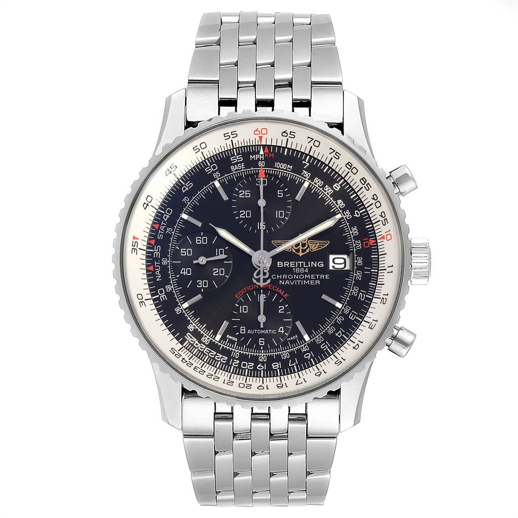 This image shows a front view of a Breitling Navitimer A13324 Men's Stainless Steel Black Dial A13324 Men's Stainless Steel Black Dial watch, displaying its dial, chronograph features, and stainless steel bracelet.