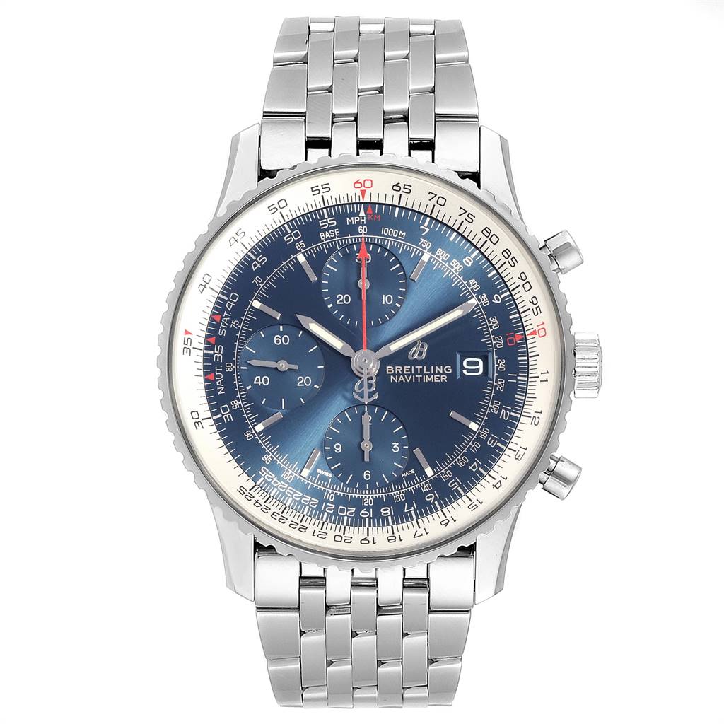 The image shows a front view of a Breitling Navitimer A13324 Men's Stainless Steel Blue Dial A13324 Men's Stainless Steel Blue Dial watch, highlighting its blue dial, chronograph sub-dials, and stainless steel bracelet.