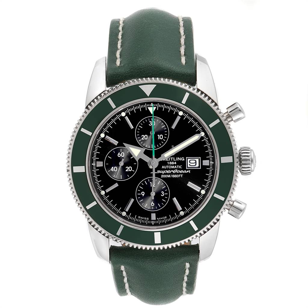 The image shows a Breitling Navitimer A13320 Men's Stainless Steel Black Dial A13320 Men's Stainless Steel Black Dial watch, front view, featuring a black dial, green bezel, green leather strap, and chronograph subdials.