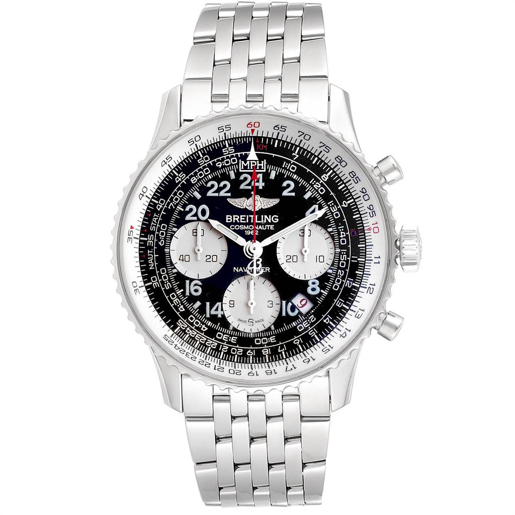 The image shows a front view of a Breitling Navitimer AB0210 Men's Stainless Steel Black Dial AB0210 Men's Stainless Steel Black Dial watch with a stainless steel band and detailed dial.