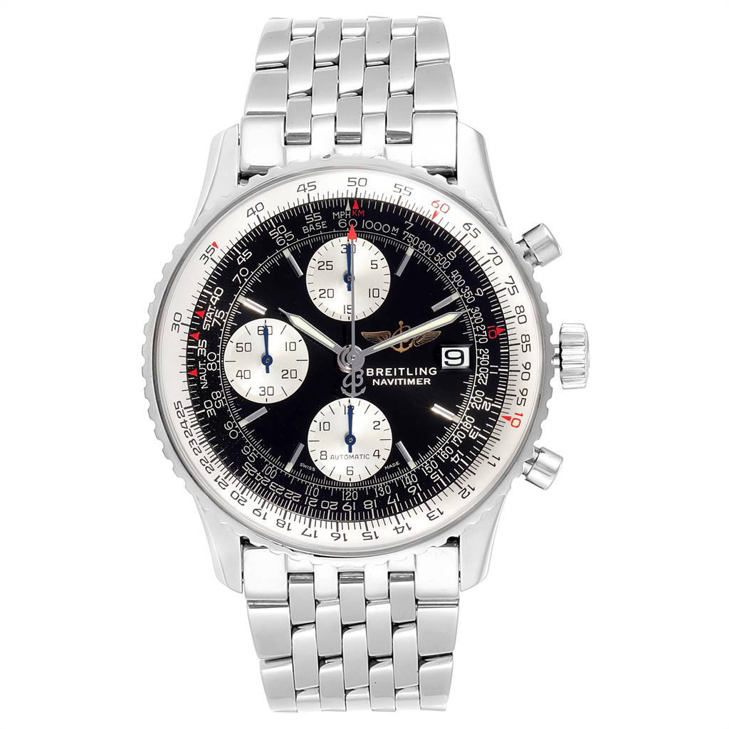 This is a front view of a Breitling Navitimer A13322 Men's Stainless Steel Black Dial A13322 Men's Stainless Steel Black Dial watch, showing its face, chronograph subdials, date window, and metal bracelet.