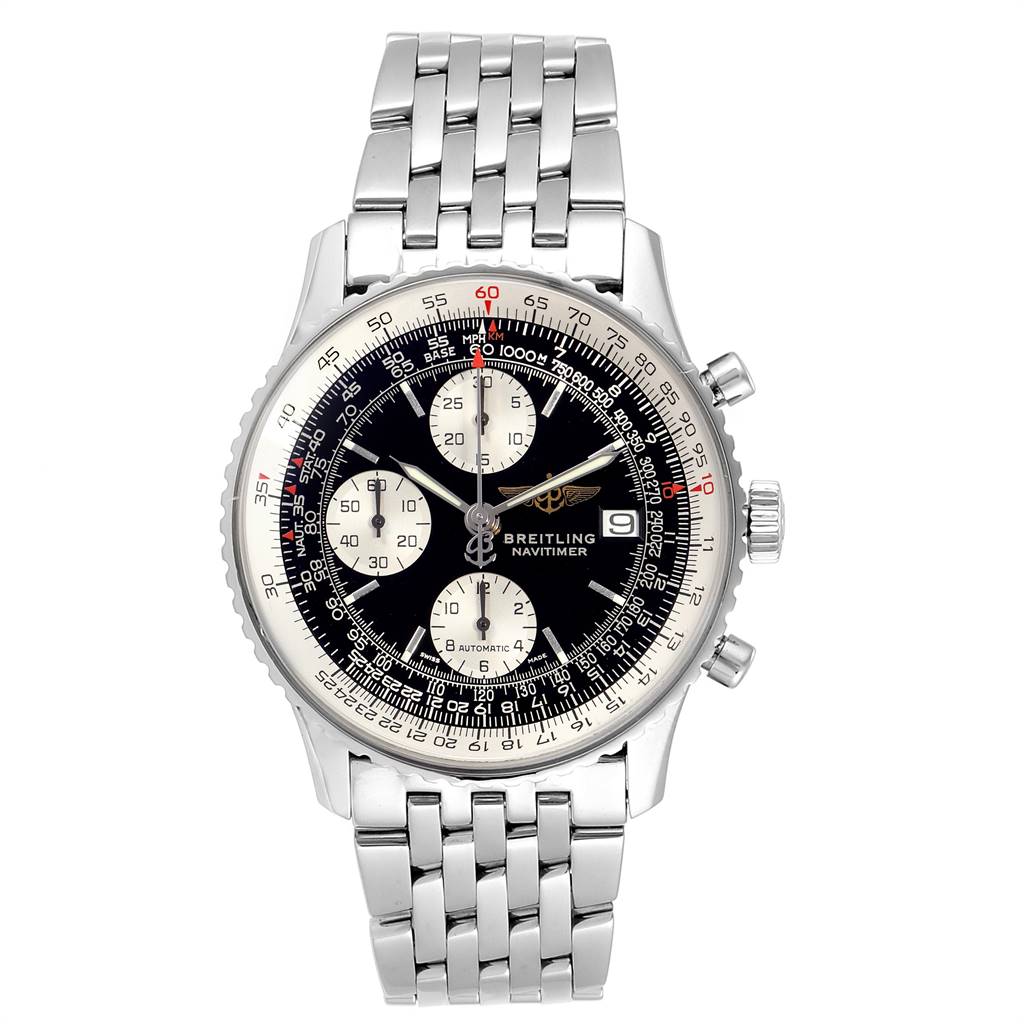 This image shows a front view of a Breitling Navitimer A13322 Men's Stainless Steel Black Dial A13322 Men's Stainless Steel Black Dial watch with a metal bracelet and three subdials.