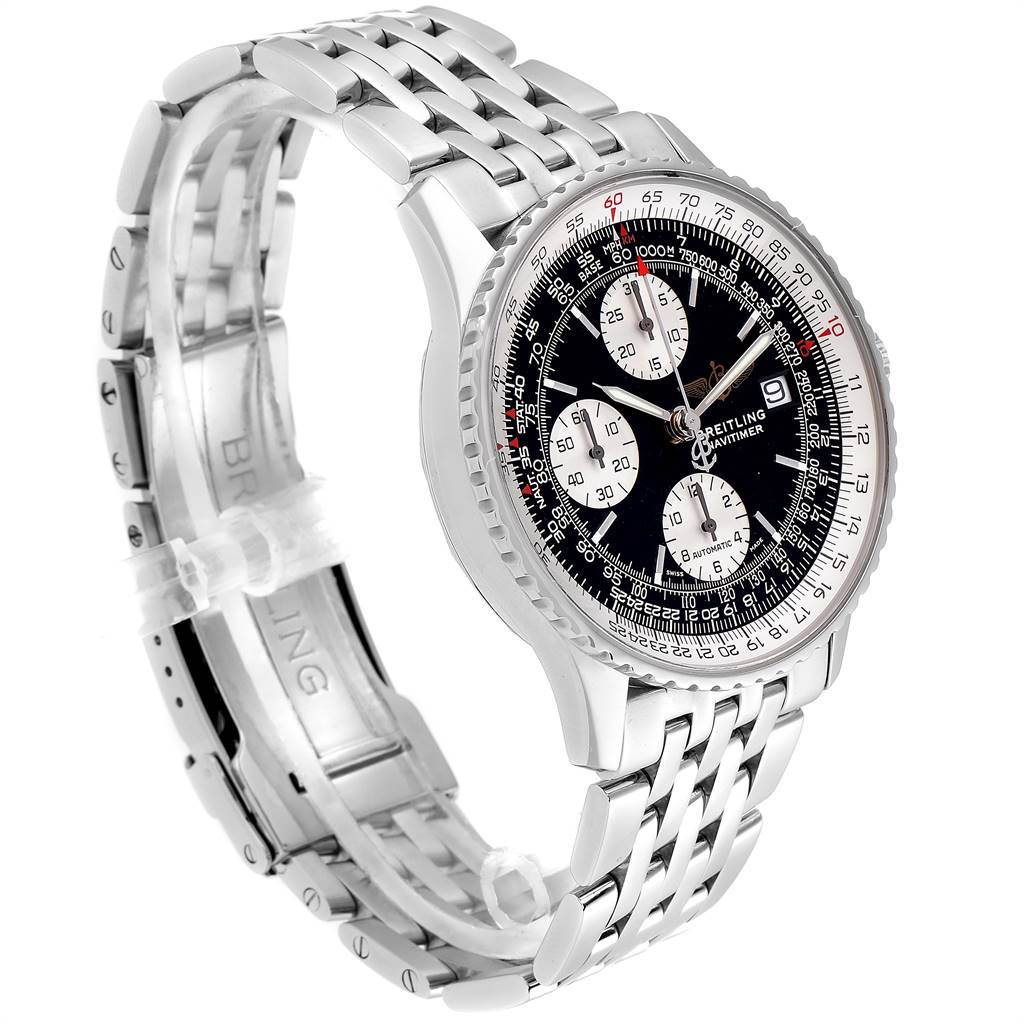 The image shows a side angle of a Breitling Navitimer A13322 Men's Stainless Steel Black Dial A13322 Men's Stainless Steel Black Dial watch, highlighting its bezel, subdials, and metal link bracelet.