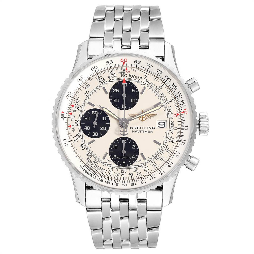 This image shows a front view of a Breitling Navitimer A13324 Men's Stainless Steel Silver Dial A13324 Men's Stainless Steel Silver Dial watch, displaying its dial, chronograph sub-dials, and stainless steel bracelet.