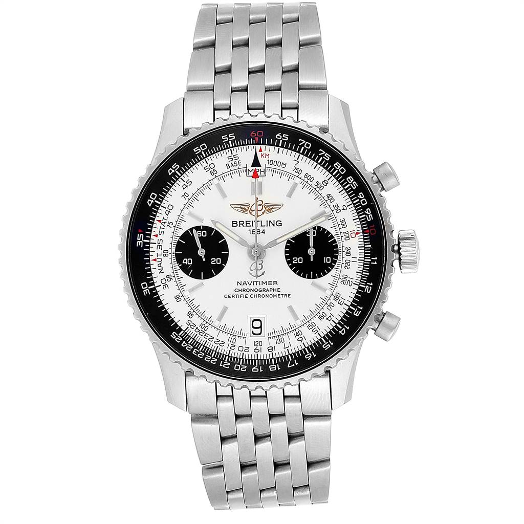 The image shows a front view of a Breitling Navitimer A23330 Men's Stainless Steel Silver Dial A23330 Men's Stainless Steel Silver Dial watch with its bracelet and detailed dial features.