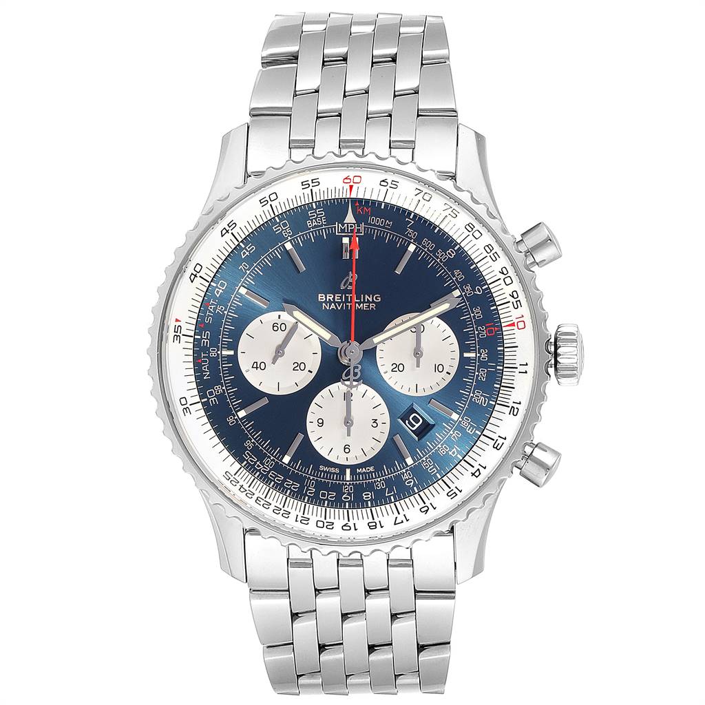 This image shows a front view of a Breitling Navitimer AB0127211C1A1 Men's Stainless Steel Blue Dial AB0127211C1A1 Men's Stainless Steel Blue Dial watch, highlighting its dial, bezel, and bracelet.