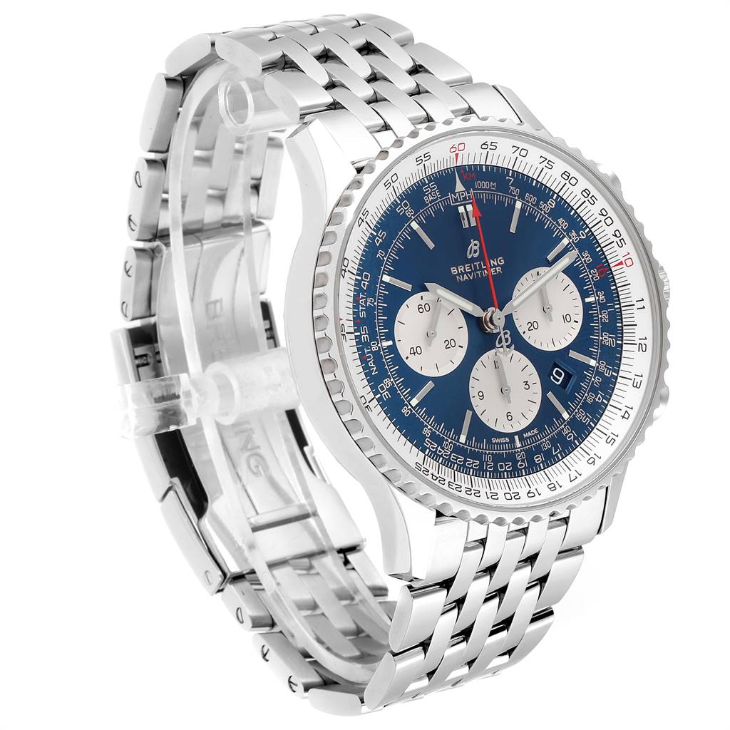This image shows a Breitling Navitimer AB0127211C1A1 Men's Stainless Steel Blue Dial AB0127211C1A1 Men's Stainless Steel Blue Dial watch from a front-left angle, highlighting the blue dial, chronograph, and metal bracelet.