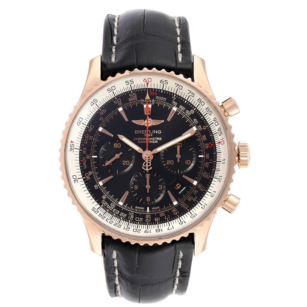 The image shows a front view of a Breitling Navitimer RB0127E6-BF16-760P Men's Rose Gold Black Dial RB0127E6-BF16-760P Men's Rose Gold Black Dial watch, displaying its dial, bezel, and leather strap.
