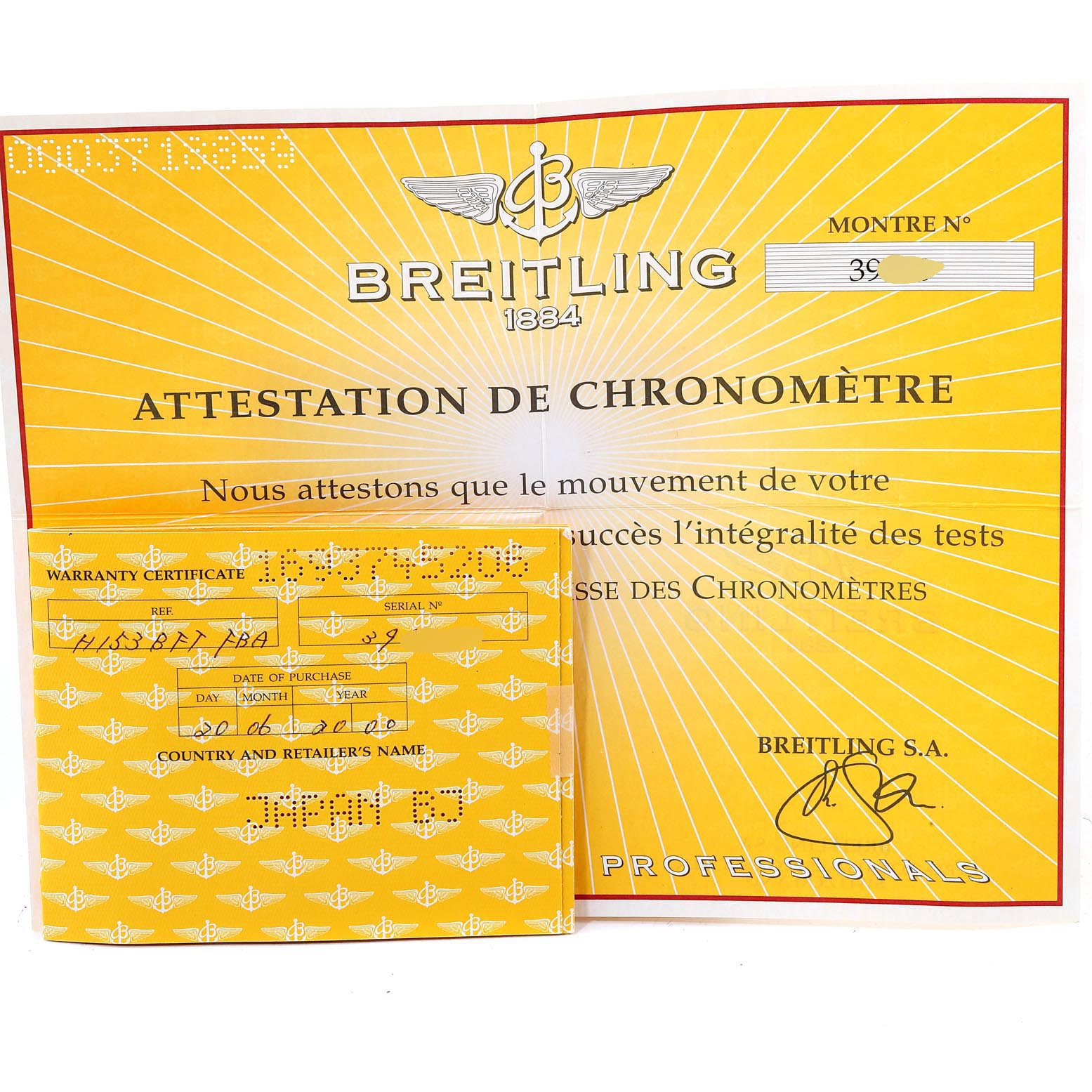 The image shows the warranty certificate and chronometer attestation for the Breitling Navitimer H13330 Men's Yellow Gold Black Dial H13330 Men's Yellow Gold Black Dial watch model.