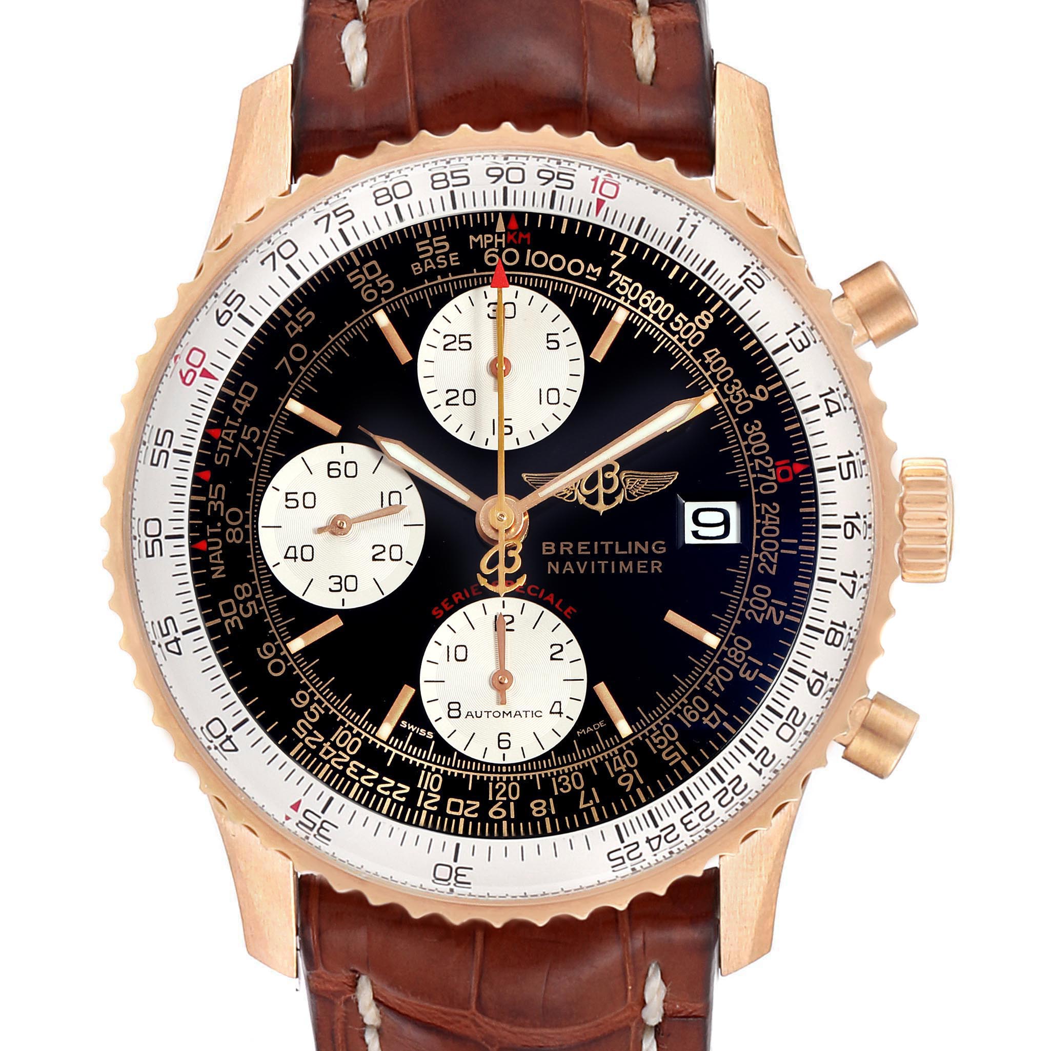 Front view of a Breitling Navitimer H13330 Men's Yellow Gold Black Dial H13330 Men's Yellow Gold Black Dial watch showing the dial, hands, chronograph sub-dials, and brown leather strap.