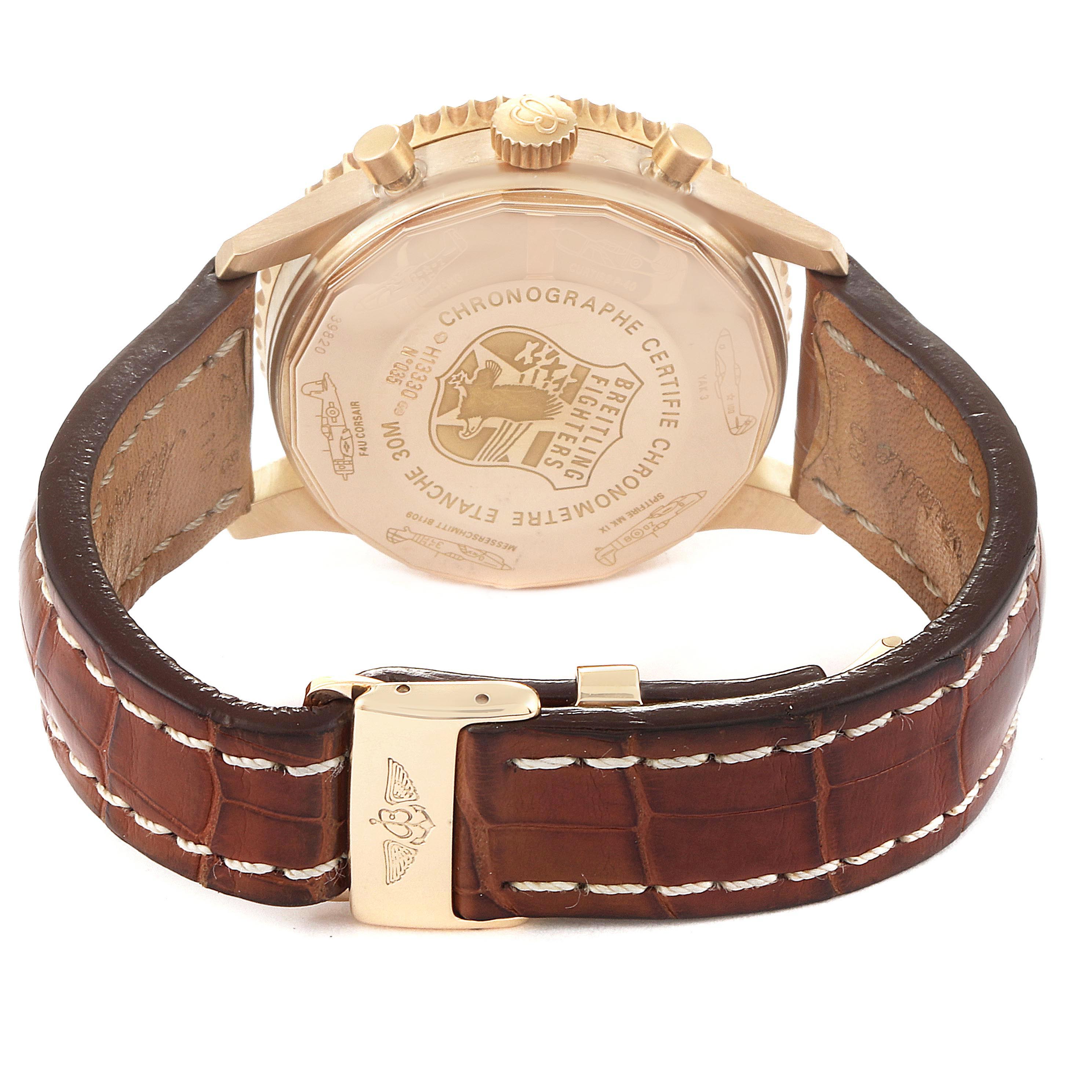 The image shows the back case and brown leather strap of a Breitling Navitimer H13330 Men's Yellow Gold Black Dial H13330 Men's Yellow Gold Black Dial watch from a rear angle.