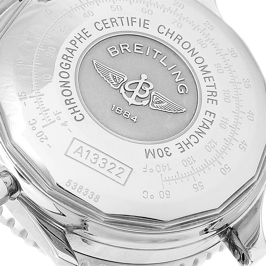 The image shows the back case of a Breitling Navitimer A13322 Men's Stainless Steel Blue Dial A13322 Men's Stainless Steel Blue Dial watch, highlighting the engraved brand logo and serial number.