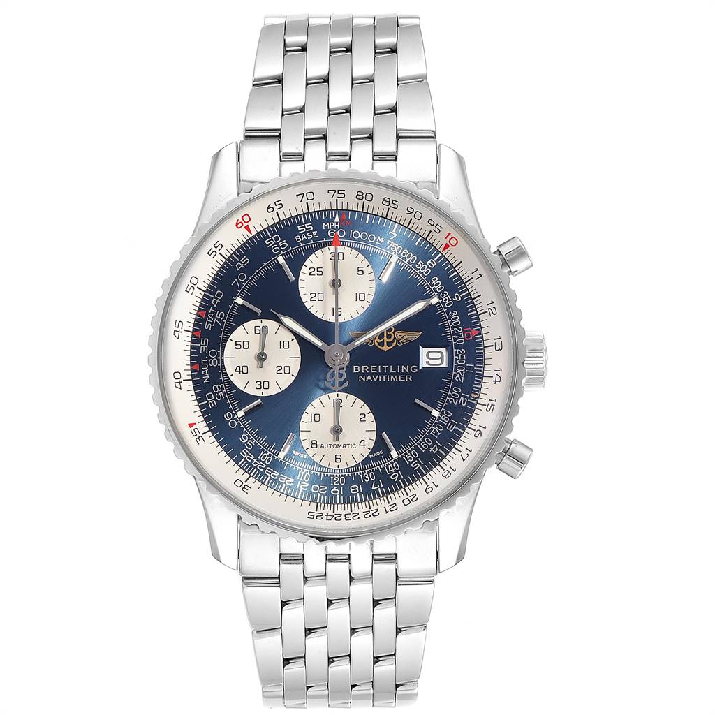 The image shows a front view of a Breitling Navitimer A13322 Men's Stainless Steel Blue Dial A13322 Men's Stainless Steel Blue Dial watch, displaying the face, bezel, and metal bracelet.