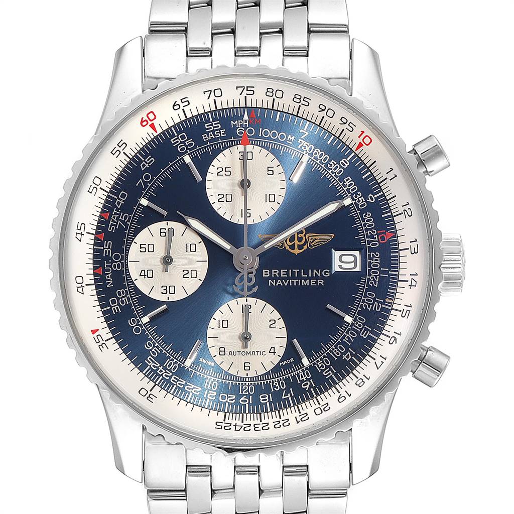 The image provides a front view of a Breitling Navitimer A13322 Men's Stainless Steel Blue Dial A13322 Men's Stainless Steel Blue Dial watch, displaying the face, bezel, pushers, and bracelet.