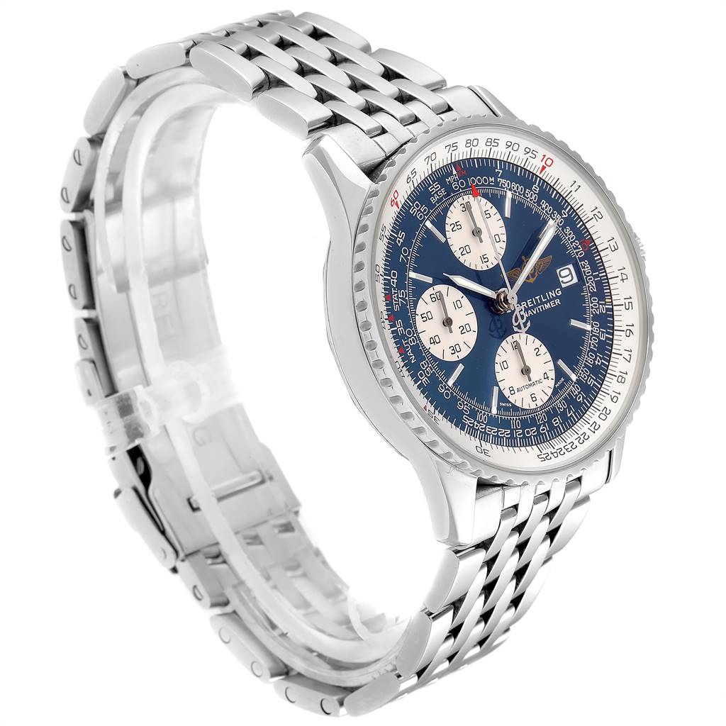 The image shows a profile angle of a Breitling Navitimer A13322 Men's Stainless Steel Blue Dial A13322 Men's Stainless Steel Blue Dial watch, highlighting its bezel, dial, and stainless steel bracelet.