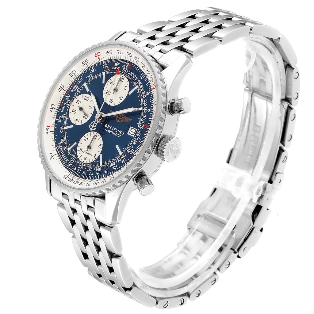 The image shows a Breitling Navitimer A13322 Men's Stainless Steel Blue Dial A13322 Men's Stainless Steel Blue Dial watch at a three-quarter angle, featuring its blue dial, chronograph subdials, and stainless steel bracelet.