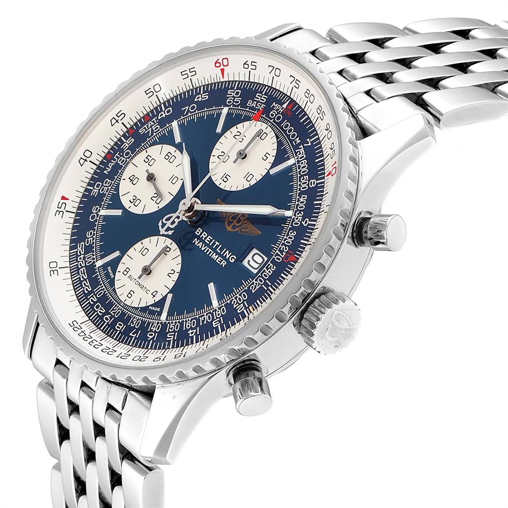 The image shows a Breitling Navitimer A13322 Men's Stainless Steel Blue Dial A13322 Men's Stainless Steel Blue Dial watch at an angle, highlighting its face, bezel, sub-dials, and steel bracelet.