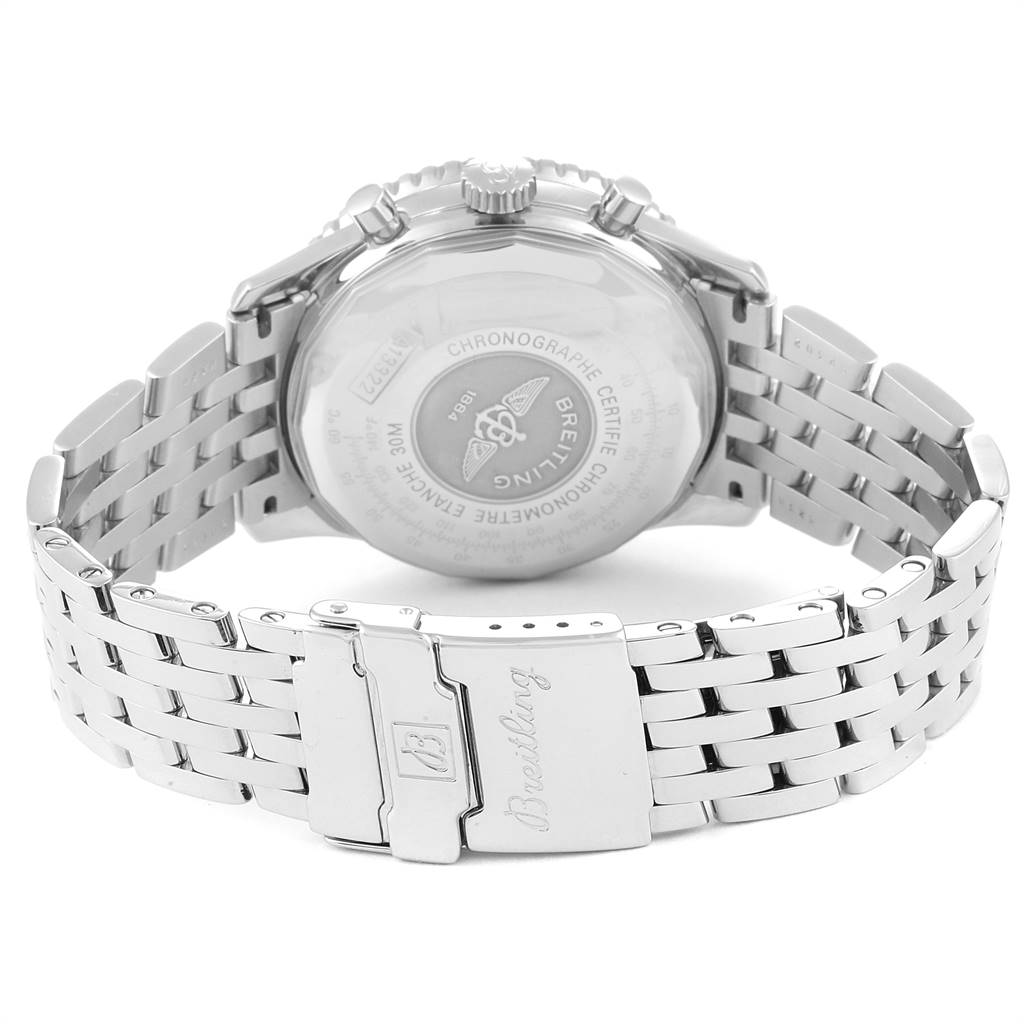 The image shows the back view of the Breitling Navitimer A13322 Men's Stainless Steel Blue Dial A13322 Men's Stainless Steel Blue Dial watch, featuring its case back and stainless steel bracelet clasp.