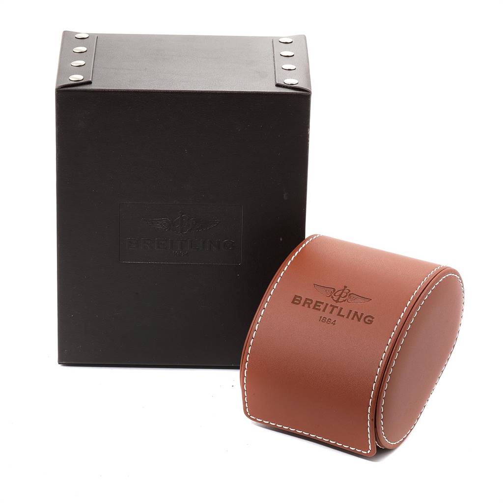 The image shows a Breitling Navitimer A13322 Men's Stainless Steel Blue Dial A13322 Men's Stainless Steel Blue Dial watch case and a brown leather travel pouch for accessories, both branded with the Breitling logo.