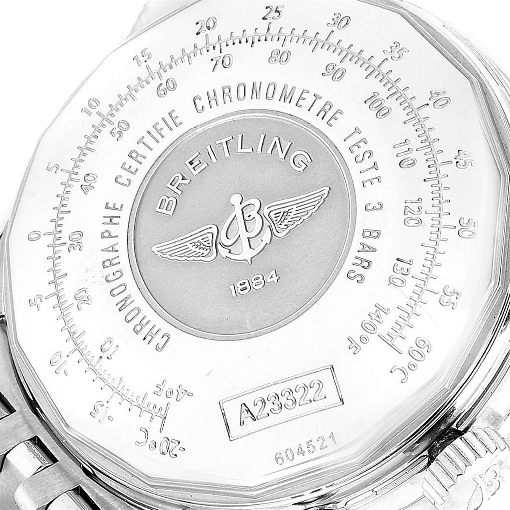 The image shows the back case of a Breitling Navitimer A23322 Men's Stainless Steel Blue Dial A23322 Men's Stainless Steel Blue Dial watch, highlighting the brand logo and model information.