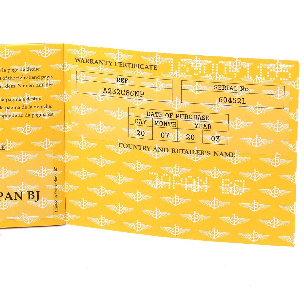 This image shows the warranty certificate for the Breitling Navitimer A23322 Men's Stainless Steel Blue Dial A23322 Men's Stainless Steel Blue Dial model.