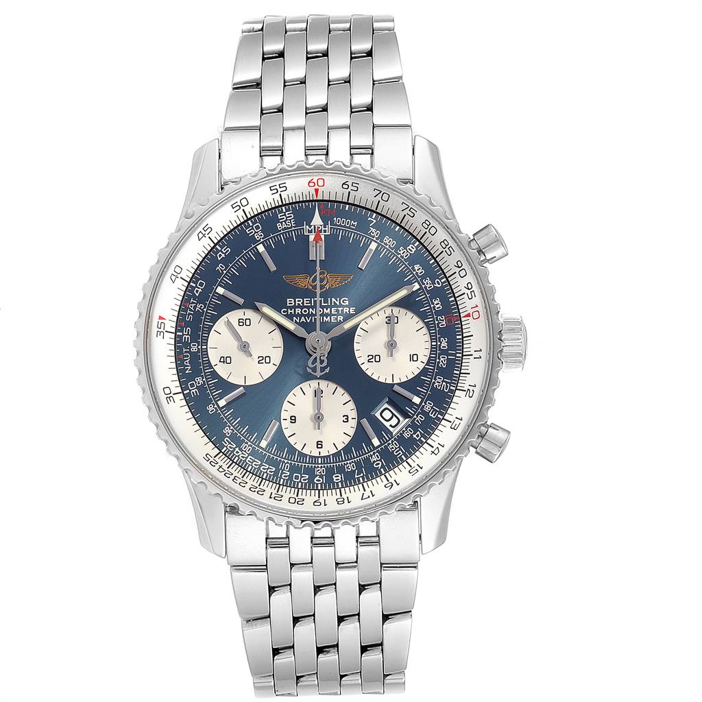 This image shows a front view of a Breitling Navitimer A23322 Men's Stainless Steel Blue Dial A23322 Men's Stainless Steel Blue Dial watch, displaying its dial, bezel, and metal bracelet.