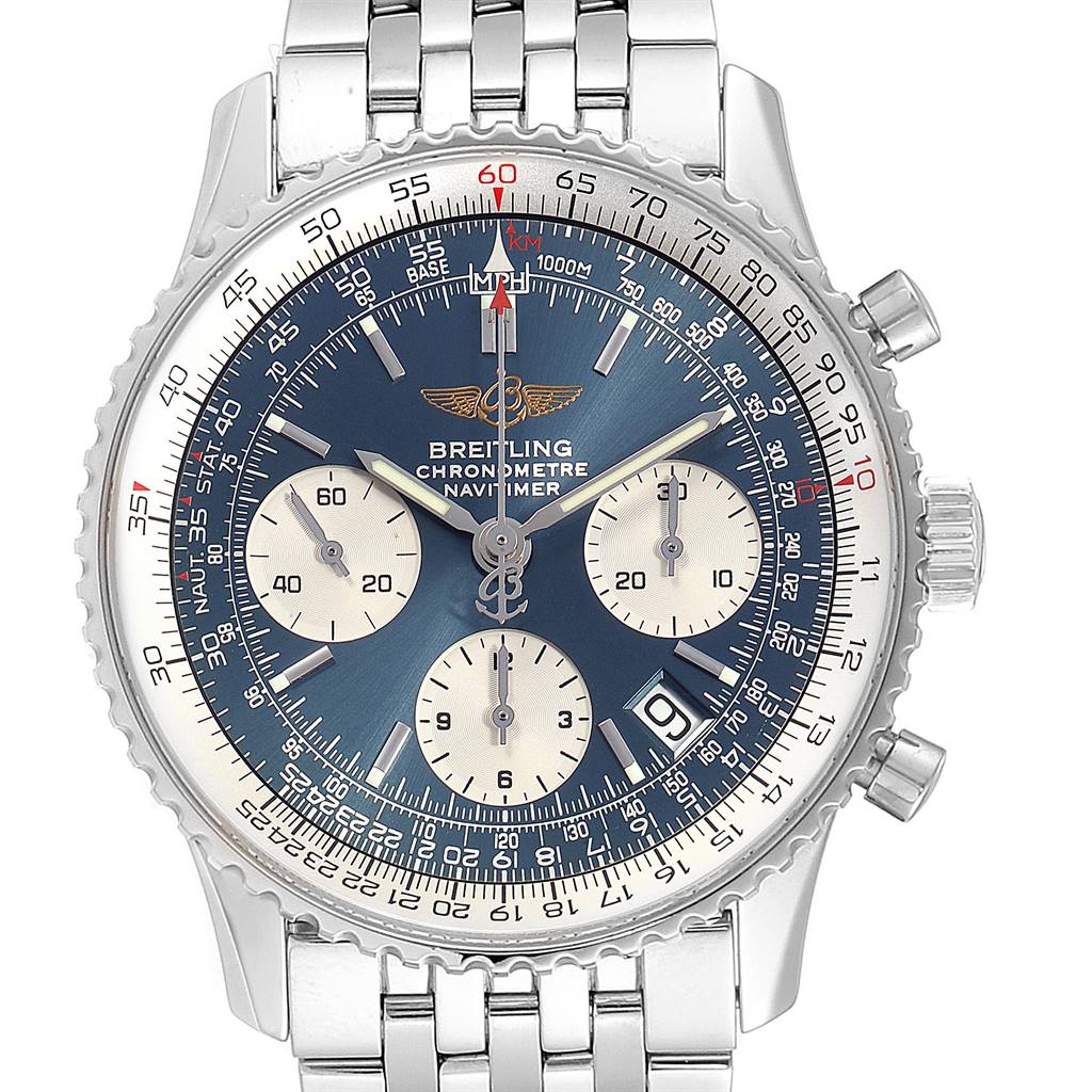 The image displays a front view of a Breitling Navitimer A23322 Men's Stainless Steel Blue Dial A23322 Men's Stainless Steel Blue Dial watch, showcasing its blue dial, chronograph dials, and stainless steel bracelet.